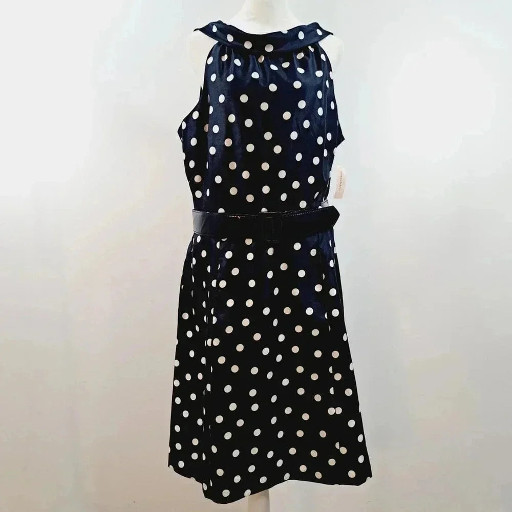 Dress Barn Belted Halter Dress Navy Blue White Polka Dot Plus Sz 16 NWT Pockets